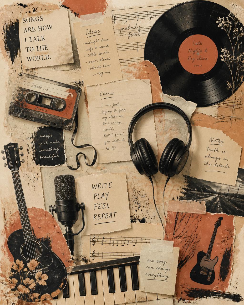 Collage of instruments, vinyl records, headphones, and handwritten lyric sheets